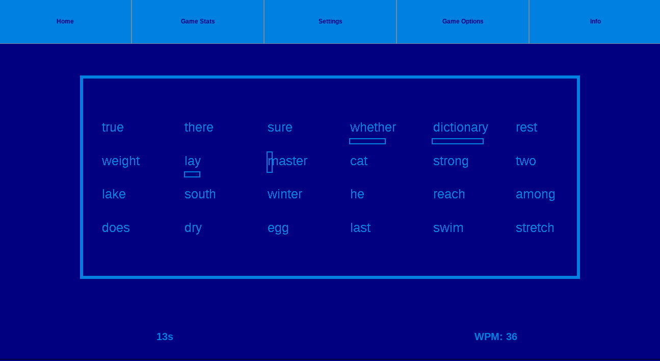Typing Wizard during a game with its word grid, timer, and WPM counter visible